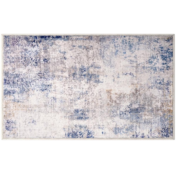 Blue 3 ft. x 5 ft. Area Rug for Entryway Machine Washable Non-Slip Vintage Rug - Low Pile Non-Shedding Indoor Rugs