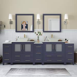 Ravenna 96 in. W Bathroom Vanity in Blue with Double Basin in White Engineered Marble Top and Mirrors