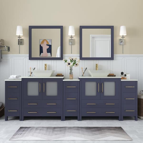 Ravenna 96 in. W Bathroom Vanity in Blue with Double Basin in White Engineered Marble Top and Mirrors