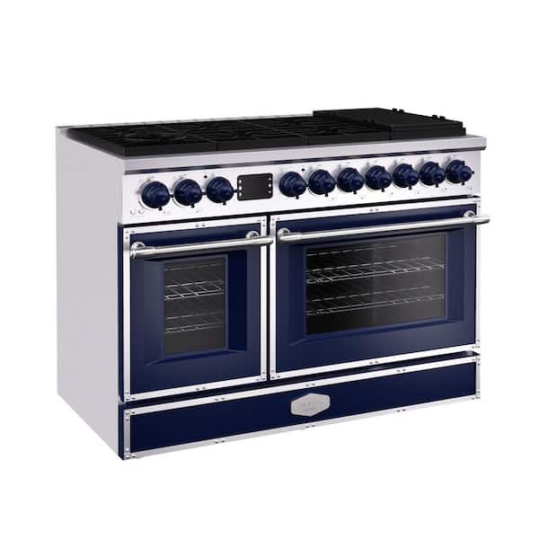 48 in. Freestanding Gas Range with 8 Burners, Double Convection Oven, and Griddle, in Cobalt Blue with Stainless Steel