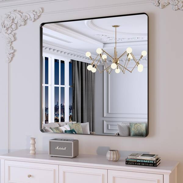 Klajowp 36 in. W x 36 in. H Large Rectangular Framed Wall Mounted Bathroom Vanity Mirror in Black