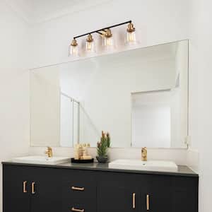 Modern Dome Bathroom Vanity Light 4-Light Black and Brass Bell Wall Sconce Light with Clear Glass Shades