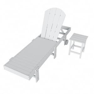 Laguna 2-Piece Fade Resistant HDPE Plastic Adjustable Outdoor Adirondack Chaise with Wheels and Side Table in White