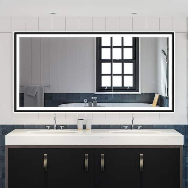 ANGELES HOME 72 in. W x 36 in. H Large Rectangular Framed Dimmable Plug Back Front LED Light Bathroom Vanity Mirror in Matte Black