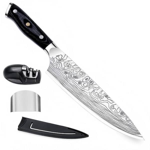 8 in. Stainless Steel Full Tang Chef's Knife with Finger Guard & Knife Sharpener, Super Sharp Professional Kitchen Knife