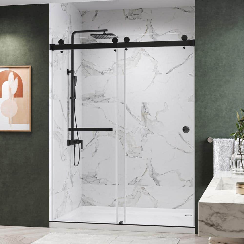 Matte Black Frameless Sliding Shower Door with Clear Glass