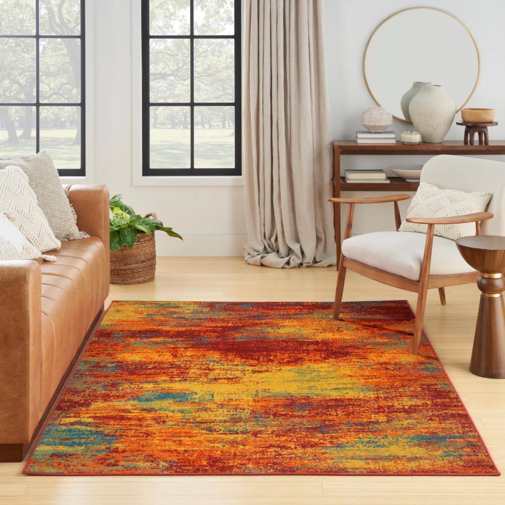 Flame Red and Yellow Synthetic 4' x 6' Area Rug