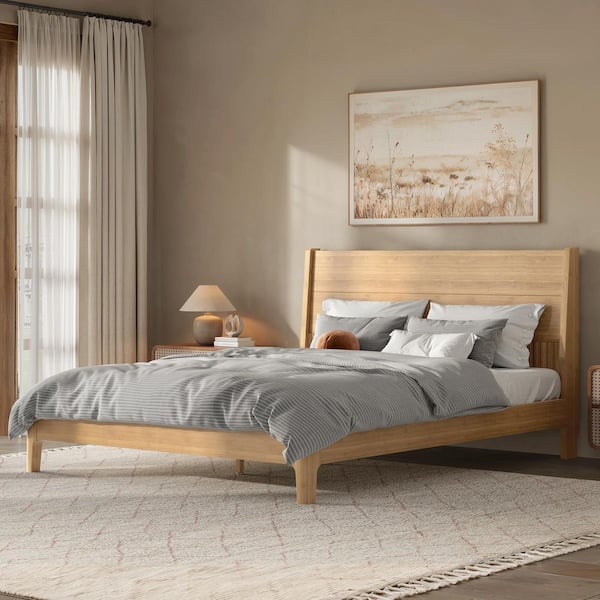 Natural/Brown Bamboo Frame Queen Platform Bed with Tall Headboard, Support Slats
