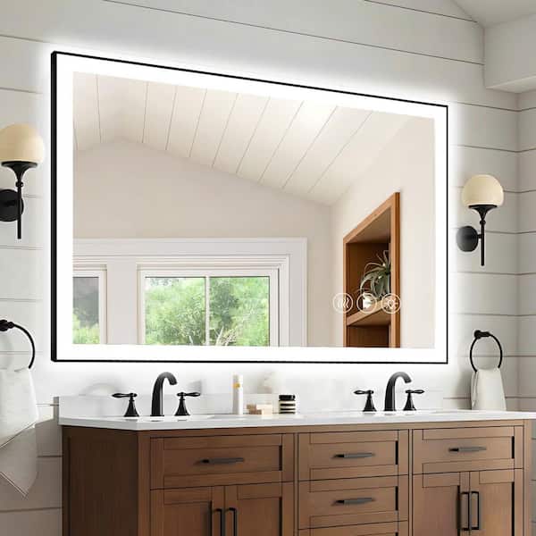 48 in.W x 32 in. H Rectangular Framed Anti-Fog Dimmable Front and Backlit LED Wall Bathroom Vanity Mirror in Matte Black