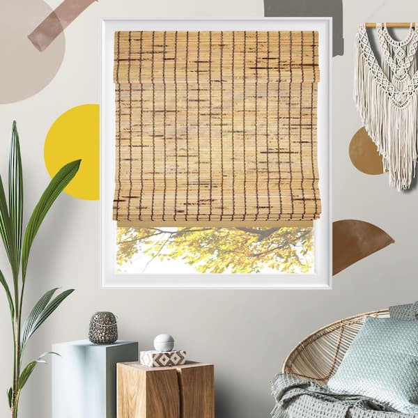 35 in. W x 64 in. L Natural Woven Cordless Light Filtering Bamboo Roman Shades for Window, Tortoiseshell