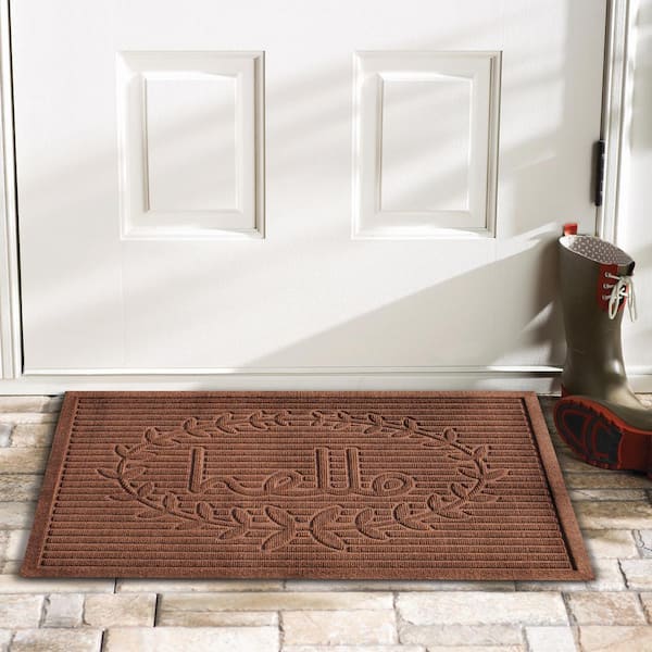 Poly Hello Indoor/Outdoor Mat, 3' x 5', Brown