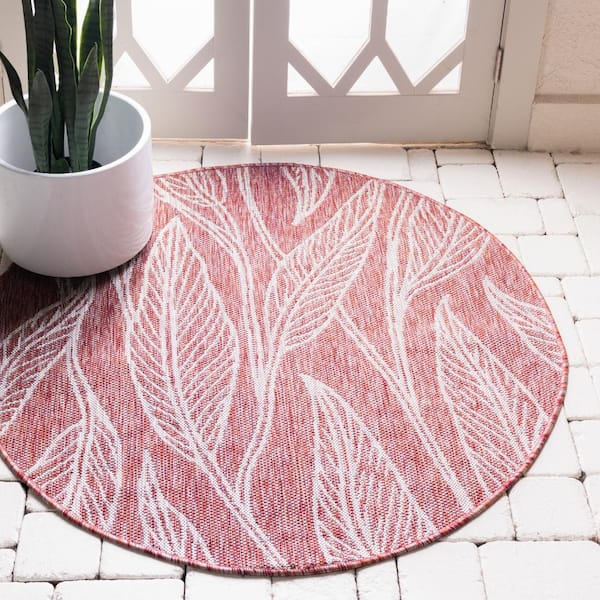 Outdoor Leaf Rust Red 4 ft. Round Area Rug