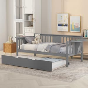 Gray Twin Size Daybed with Trundle, Daybed Frames with Small Foldable Table, No Box Spring Required