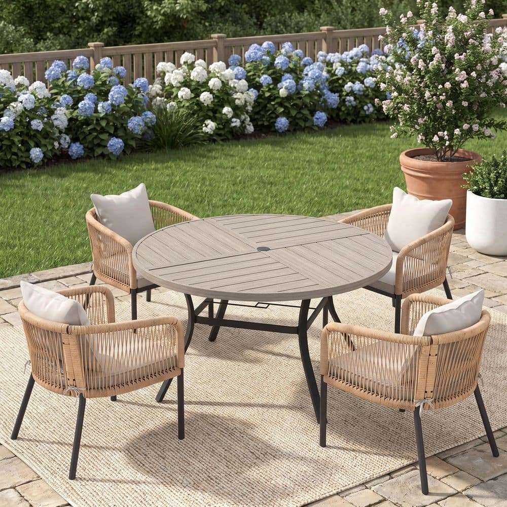 5-Piece 50 in. Gray Wood-Like Metal Round Patio Outdoor Dining Set with 4 Wheat Rattan Rope Chairs with White Cushions price history on PriceWatchPro