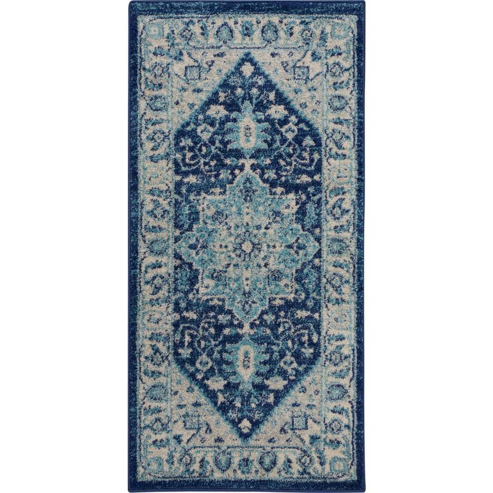 Ivory and Navy Synthetic 24'' Easy-Care Rectangular Area Rug