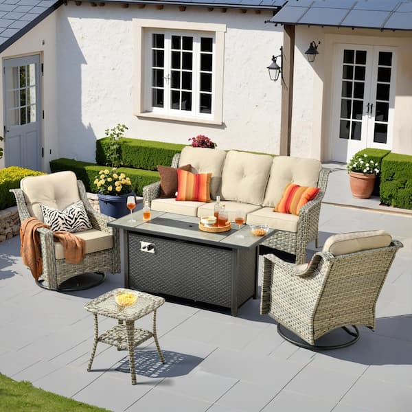 Toject Eureka 5-Piece Wicker Patio Conversation Sofa Seating Set with Metal Fire Pit Table and Beige Cushions