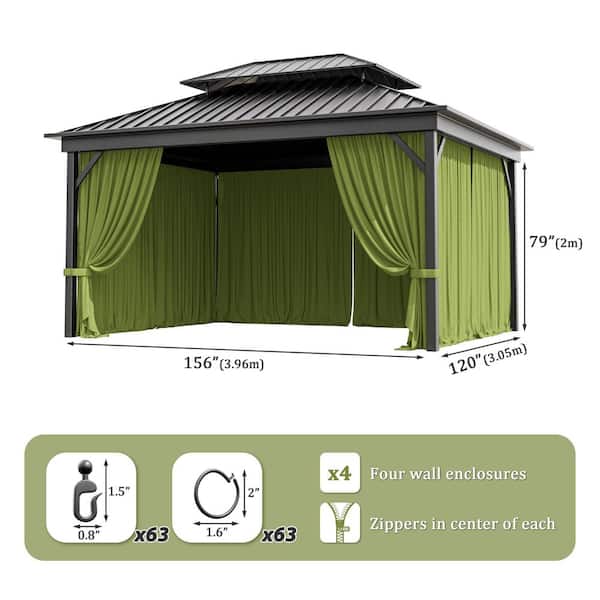 10 ft. x 13 ft. Universal Outdoor Privacy Curtains, Gazebo Replacement with Zipper Grass Green (4-Side Curtain Only)