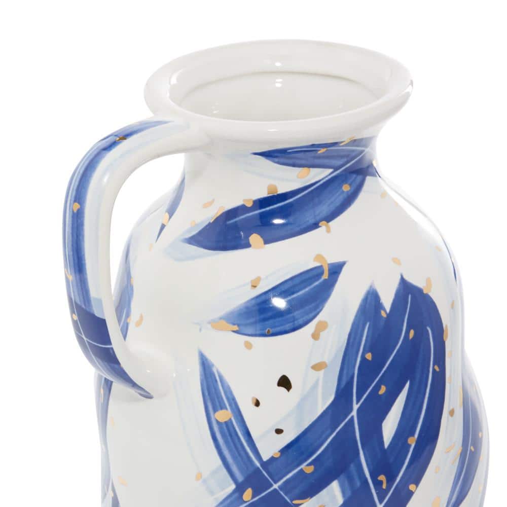 Contemporary Blue Ceramic Vase with Gold Flecks, 7" x 13"