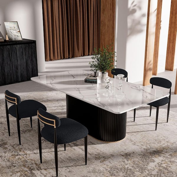 Modern 5-Piece Faux Marble Dining Table Top with Boucle Armless Chairs in Black Dining Room Set for Kitchen