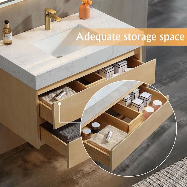 36 in. W x 20.7 in. D x 21.3 in. H Floating Bathroom Vanity in Natural wood solid/White Marble Countertop and Lights