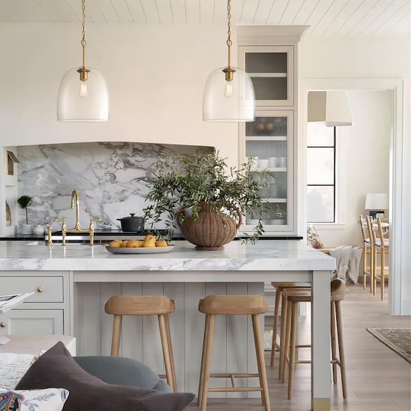 Davyn 60-Watt 1-Light Brushed Gold Dome Glass Pendant Light with Curved Clear Bell-Shape Glass Shade