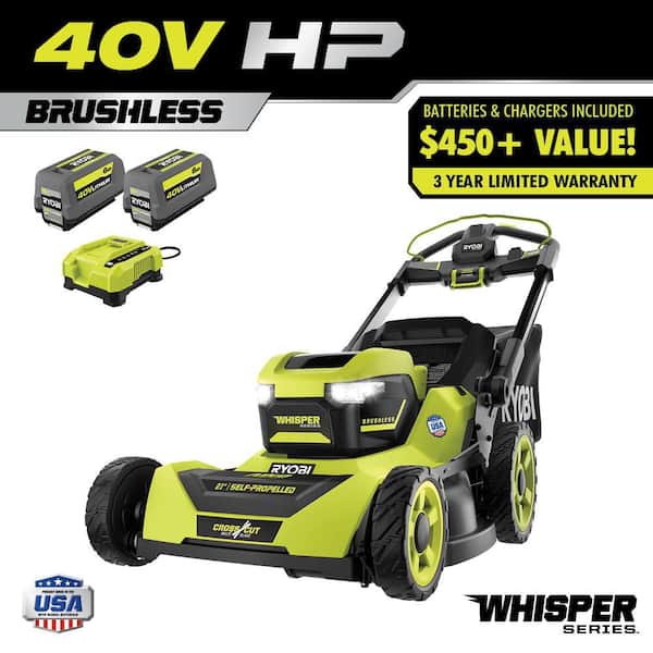 RYOBI 40V HP Brushless Whisper Series 21" Walk Behind Self-Propelled All Wheel Drive Lawn Mower-(2) 6.0 Ah Batteries & Charger