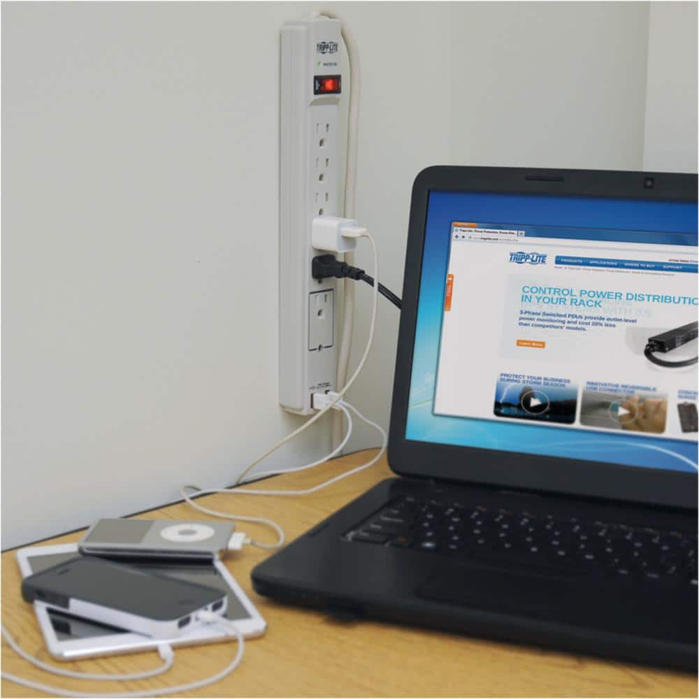 Black 6-Outlet Surge Protector with USB Ports and Clamps