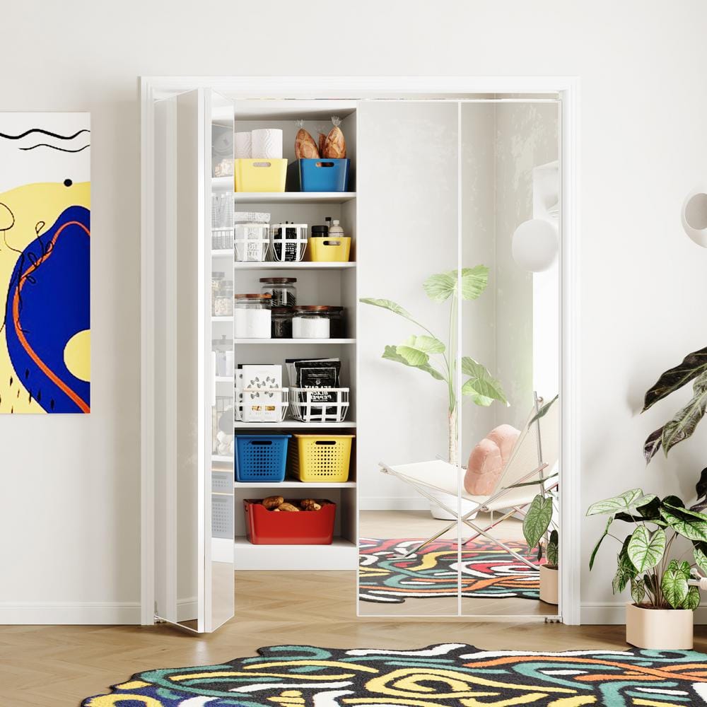 30 in. x 80 in. White Mirrored Glass Full Lite Bi-Fold Door