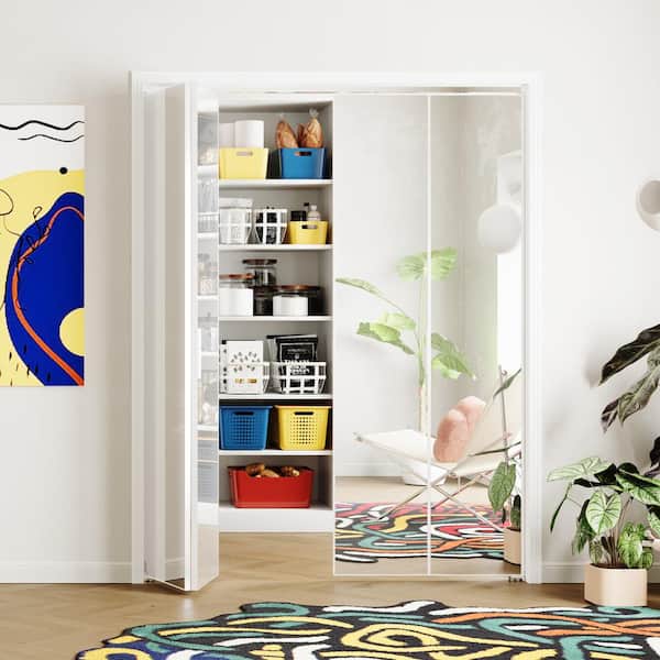 30 in. x 80 in. Mirrored Glass, White, Hollow Core, MDF, Aluminum Frame, Full Lite Bi-fold Doors with Hardware Kits