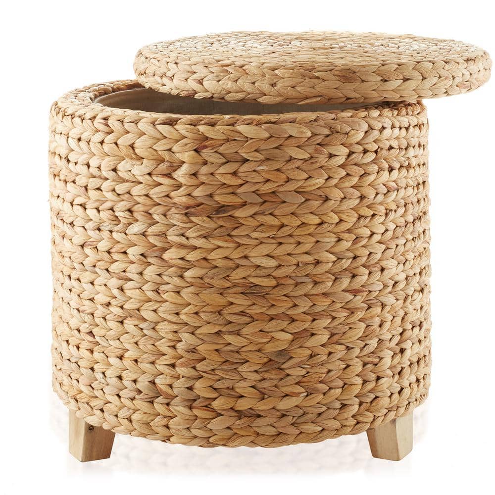 Natural Handwoven Water Hyacinth Round Storage Ottoman