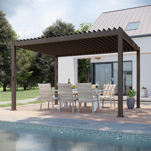 Titan Series 10 ft. x 13 ft. Aluminized Steel Louvered Pergola Modern Outdoor Pergola with Adjustable Roof, Dark Brown