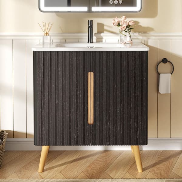 FAMYYT 30 in. W Single Sink Freestanding Bath Vanity in Black with White Ceramic Top, 4-Soild Wood Legs