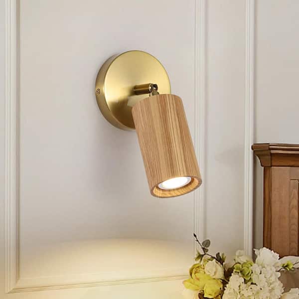 LUMORA 4.7 in. 1- light Oak Wood Finish Cylinder Wall Sconce Track Lighting Spotlight with Rotatable Light Head