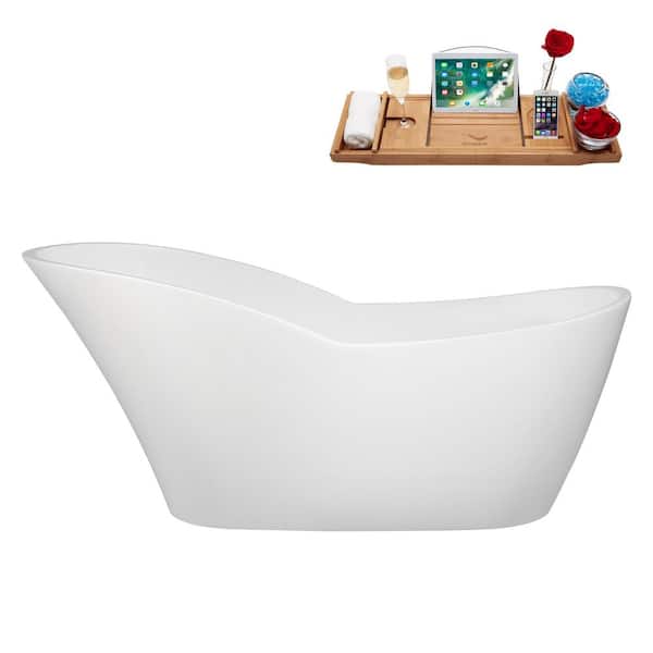 Streamline 67 in. x 31 in. Acrylic Freestanding Soaking Bathtub in Glossy White with Polished Gold Drain, Bamboo Tray