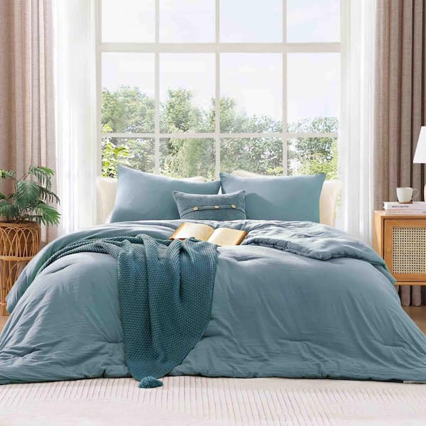 All Season 3 Pieces King Size Comforter Set with Pillow Shams, Dusty Blue