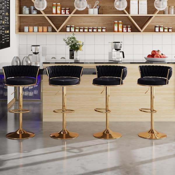 Adjustable Barstools Set, Counter Height Stools with Back and Arm, Velvet Woven Kitchen Island Stools, Black Set of 4