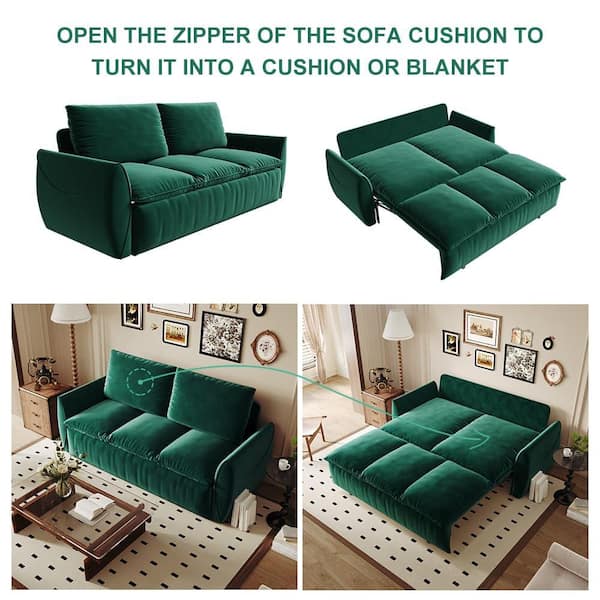 Modern 70.9 in. W Green Velvet Twin Size Convertible Sofa Bed with Foldable Pillow, 3-Seat Multi-Functional Sofa