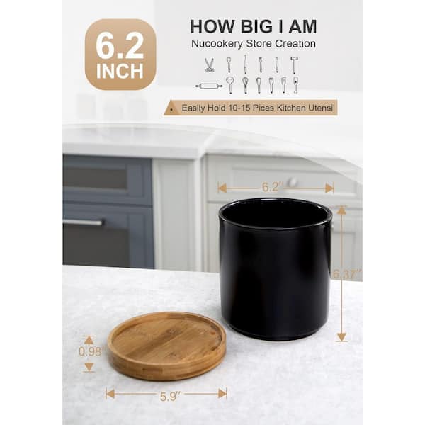 Large Utensils Holder In Sleek Matte Black With Rustic Wooden Base For Modern Kitchens Spacious Rustproof Organizer Countertop Essentials More W113372315