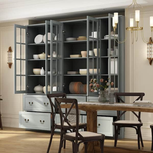 Gray Wood Combination Cabinet Storage Cabinet Freestanding Display Cabinet With 5 Tempered Glass Doors and 6-Drawers