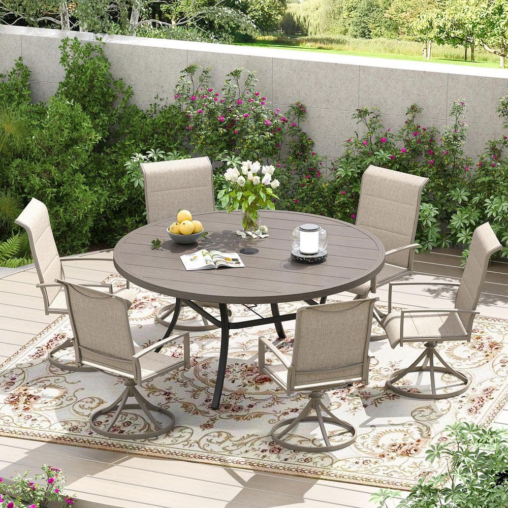 7-Piece Metal Patio Dining Set with 53 in. Gray Wood-Like Slatted Round Table and 6 Sandshell Textilene Swivel Chairs price history on PriceWatchPro