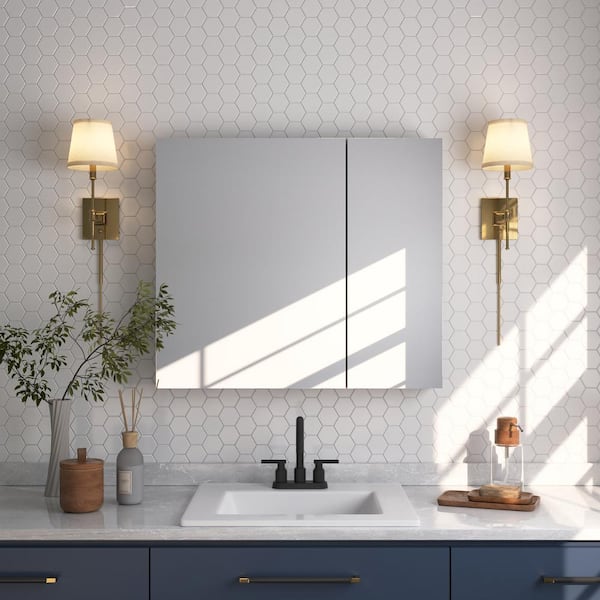 Rectangular Aluminum Frameless 30 in. W x 26 in. H Double-Door Surface Mount Bathroom Medicine Cabinet with Mirror