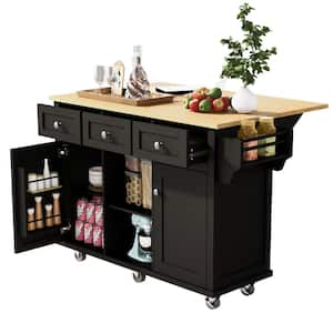 Black Rubber wood 53 in. Kitchen Island Drop-Leaf Countertop Cabinet door internal storage racks 5-Wheels 3-Drawers