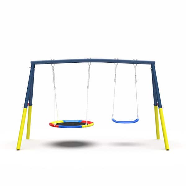 440 lbs. Swing Set with Heavy-Duty A-Frame Metal Outdoor Swing Stand, 1 Saucer Swing Seat and 1 Belt Swings Seat