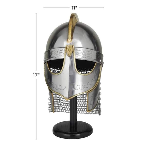 Silver Metal Replica Medieval Knight Crusader Helmet with Black Wood Stand and Chainmail