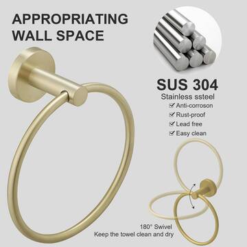 BWE 6-Piece Modern Bath Hardware Set with Towel Ring Toilet Paper Holder Towel hook and Towel Bar Wall Mount in Brushed Gold A-91020-6-BG