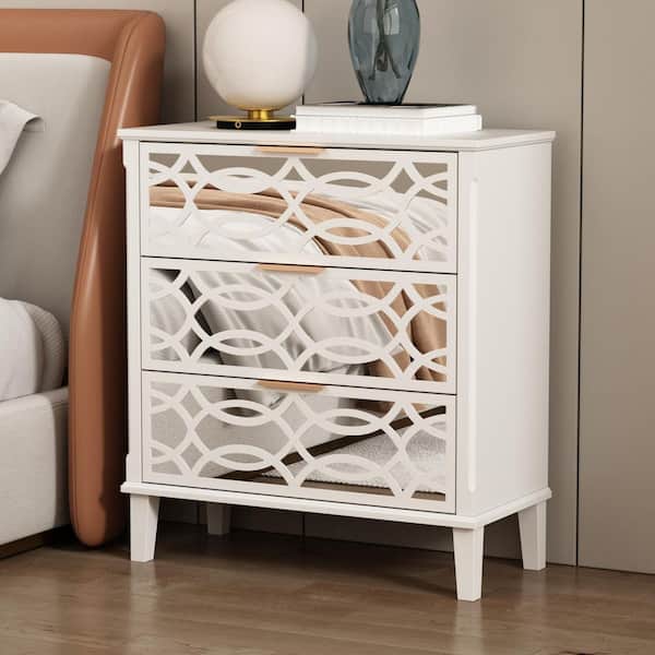 FUFU&GAGA 3-Mirrored Drawers White Wood Nightstands Bedside Table With Mirror Finish 11.5 in. D x 28.5 in. W x 26 in. H