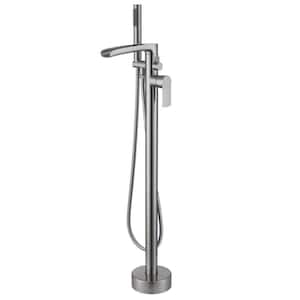 Single-Handle Waterfall Freestanding Tub Faucet with Hand Shower 1 Hole Floor Mounted Bathtub Faucets in Brushed Nickel