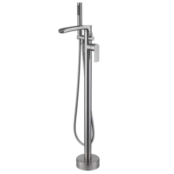 AIMADI Single-Handle Waterfall Freestanding Tub Faucet with Hand Shower 1 Hole Floor Mounted Bathtub Faucets in Brushed Nickel