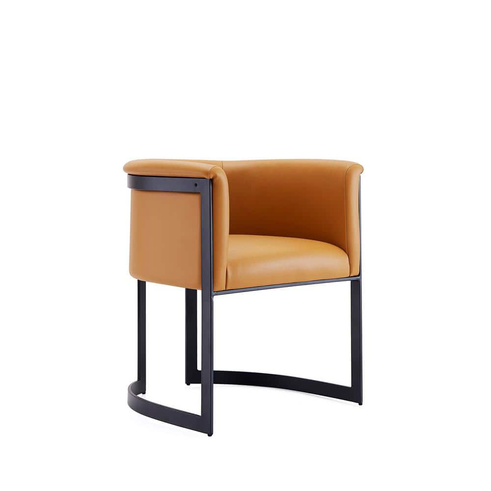 Tan Faux Leather Barrel Dining Chair with Black Metal Frame