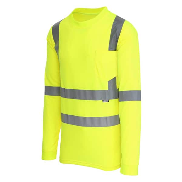 Men's Large High Visibility Yellow ANSI Class 3 Polyester Long-Sleeve Safety Shirt with Reflective Tape